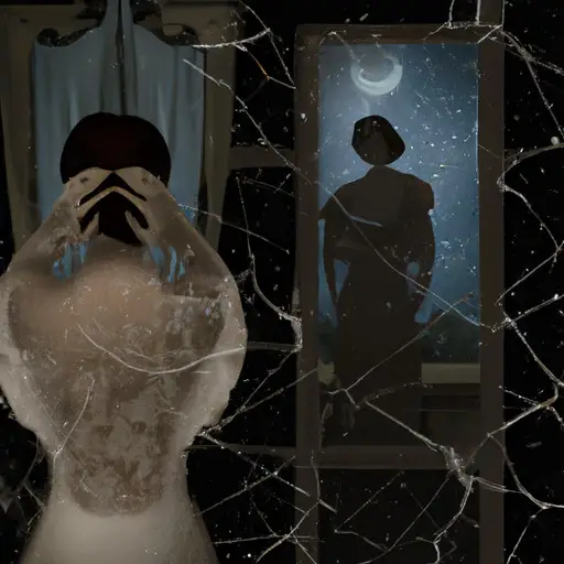 An image showcasing a woman standing in a dimly lit bedroom, bathed in moonlight filtering through lace curtains, while her husband's reflection is seen in a shattered mirror, symbolizing the spiritual turmoil of dreams about infidelity