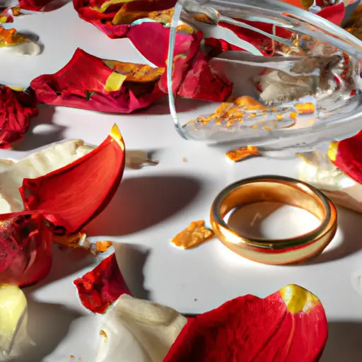 An image depicting a broken wedding ring lying amidst crushed rose petals and shattered champagne glasses, symbolizing shattered dreams and the painful aftermath of divorce