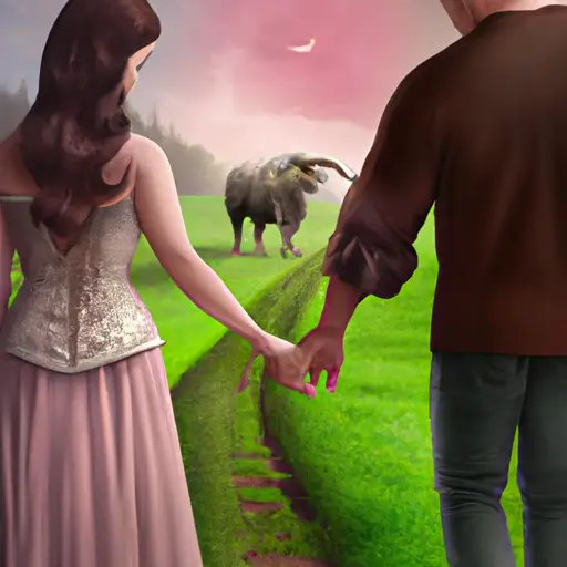 An image showcasing a serene countryside setting, where a Taurus woman is holding hands with her soulmate, a reliable and dedicated partner who understands her need for stability, loyalty, and affection in marriage