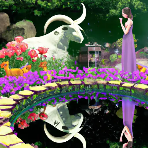 An image depicting a serene garden, blooming with vibrant flowers and a Taurus woman in the foreground, admiring her reflection in a tranquil pond