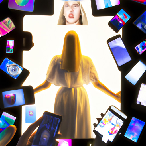 An image of a person surrounded by a digital halo, their reflection distorted by countless screens displaying their self-portraits, capturing the intoxicating grip of narcissistic spirituality in the age of social media