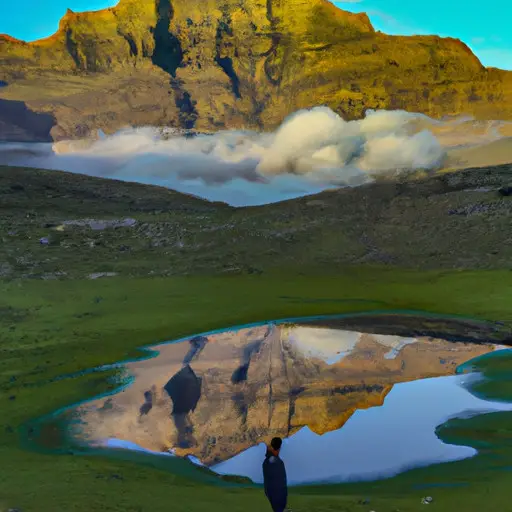 the essence of narcissistic spirituality in an image that portrays a mirrored reflection of a serene mountain peak, surrounded by adoring worshippers, each gazing at their own reflection with blissful ignorance