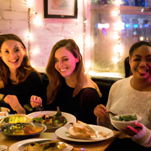 An image showcasing a group of friends sitting at a vibrant, cozy restaurant booth