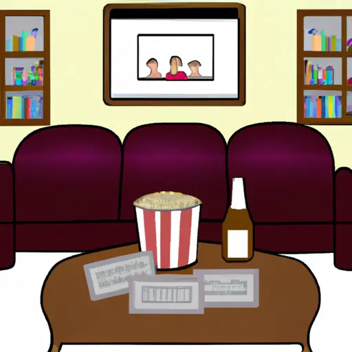 An image of a cozy living room with a large screen TV, surrounded by friends enjoying popcorn, drinks, and laughter