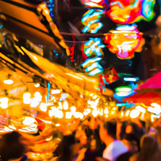 An image capturing the vibrant blur of neon lights reflecting off a bustling city street