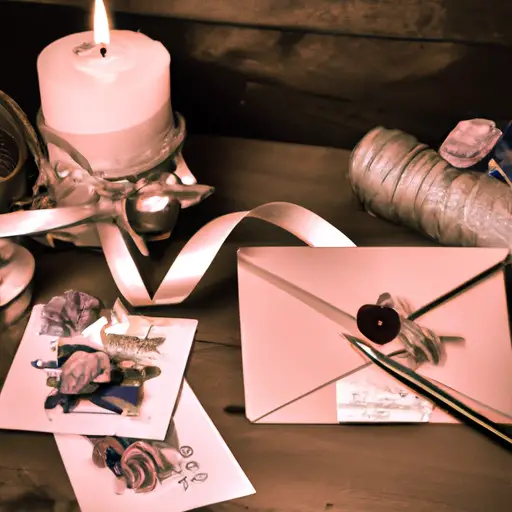 An image of a beautifully decorated wooden writing desk, adorned with a vintage ink pen, scented candles, dried flowers, and a stack of love letters tied with a delicate ribbon