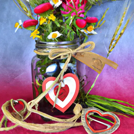 An image showcasing a beautifully arranged bouquet of vibrant, hand-picked wildflowers nestled in a vintage mason jar, surrounded by delicately handcrafted paper cut-out hearts and a handmade leather bracelet adorned with a heart-shaped charm
