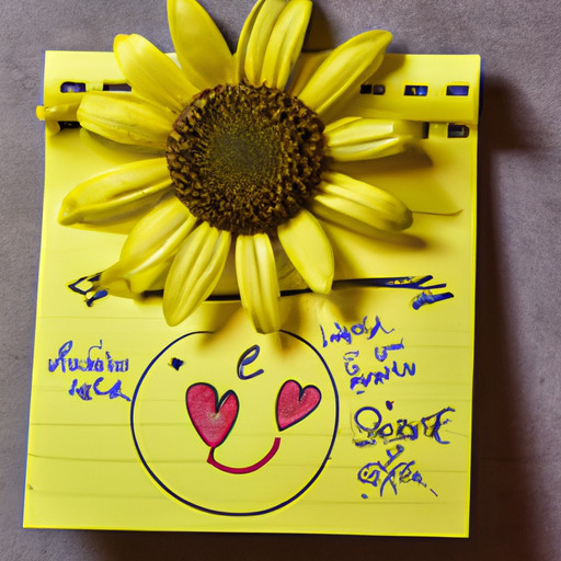 An image of a hand-drawn sunflower on a bright yellow sticky note, surrounded by smaller notes with doodles of hearts, smiling faces, and uplifting quotes