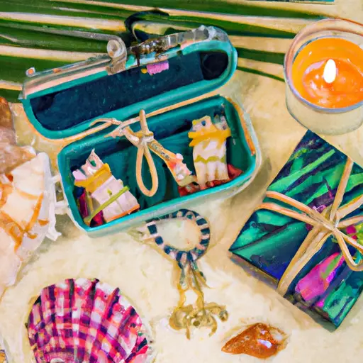 An image featuring a vibrant beach scene, with a suitcase overflowing with miniature palm tree-shaped scented candles, personalized seashell keychains, and delicate macrame bracelets, all wrapped in tropical-patterned gift boxes