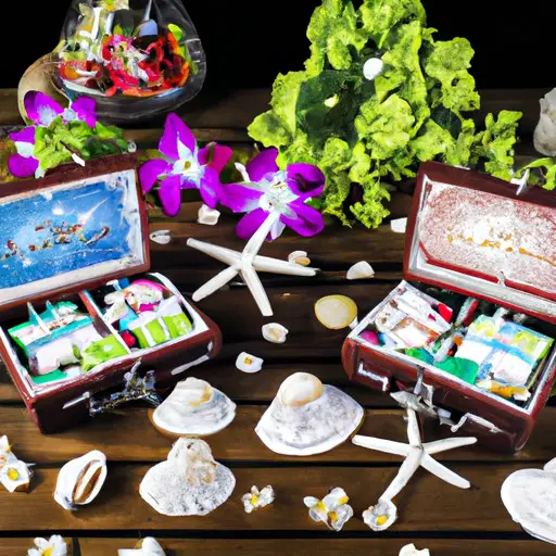 An image showcasing personalized destination wedding favors: a collection of miniature suitcases filled with custom-made keychains, each engraved with the couple's initials, nestled among tropical seashells and colorful exotic flowers