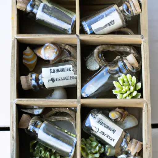 An image showcasing a rustic wooden crate filled with mini glass bottles, adorned with twine and seashells