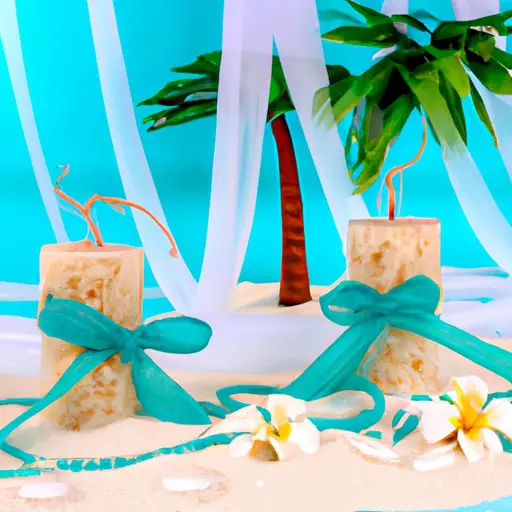 An image capturing an azure beach backdrop with a sandy shore, adorned with a vibrant array of tropical flower leis, delicate seashell-shaped candles, and miniature palm tree place card holders, showcasing the perfect destination wedding favors