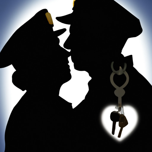An image featuring a police officer's silhouette, gently holding a heart-shaped keychain with a tiny badge attached
