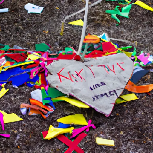 An image featuring a shattered heart-shaped piñata on the ground, surrounded by a scattering of colorful name tags, each bearing the unique names people affectionately call their exes
