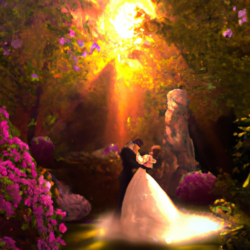 An image showcasing a dream-like setting: a lush garden adorned with blooming flowers, a radiant bride in a flowing white gown, and a groom in a sharp suit, surrounded by ethereal golden light