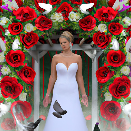 An image showcasing a bride wearing a white dress, holding a bouquet of red roses, standing under a vibrant floral arch, surrounded by floating white doves, symbolizing love, purity, commitment, and a harmonious union