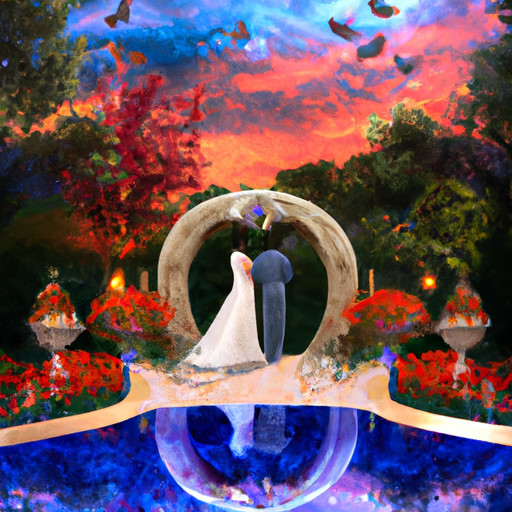 An image featuring a bride and groom standing under a vibrant floral arch, while a serene sunset bathes the scene in warm hues