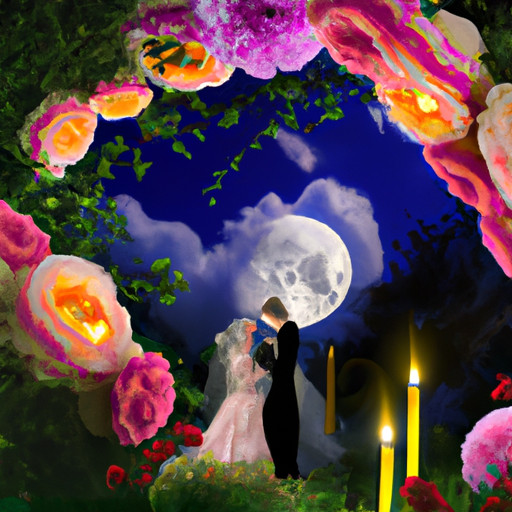 An image of a bride and groom, surrounded by vibrant blooming flowers, exchanging vows under a mystical moonlit sky