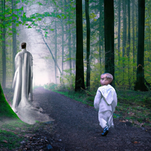 An image featuring an ethereal, mist-covered forest path, with a young child version of yourself standing at the beginning, looking back at an older version of yourself in the distance, symbolizing the significance of dreaming about your past self