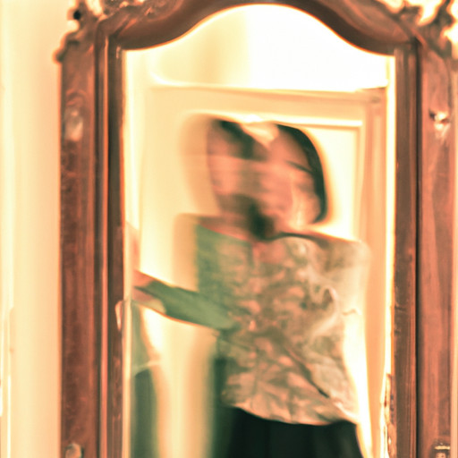 An image showcasing a blurred reflection of a person standing in front of a vintage mirror