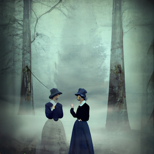 An image showcasing a misty forest where a person, adorned in vintage clothing, encounters their younger self