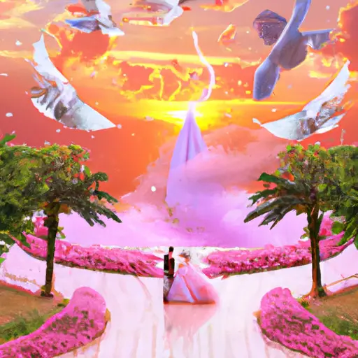 An image that showcases the dream-like essence of a wedding: a serene garden adorned with vibrant flowers, a couple exchanging vows under a golden sunset, and a flock of doves ascending towards the heavens