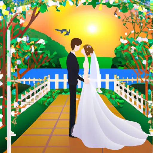 An image featuring a serene garden adorned with vibrant blossoms, where a bride and groom stand under a beautifully decorated arch