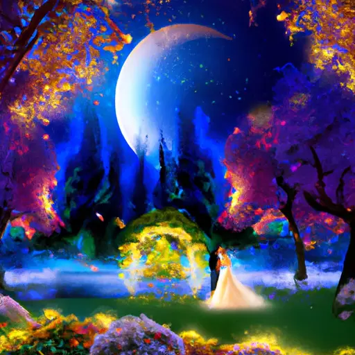 An image featuring a serene, moonlit garden adorned with vibrant flowers, a bride and groom exchanging vows under a sparkling arch, while a dreamy aura envelops the scene, encouraging readers to explore the profound symbolism behind wedding dreams
