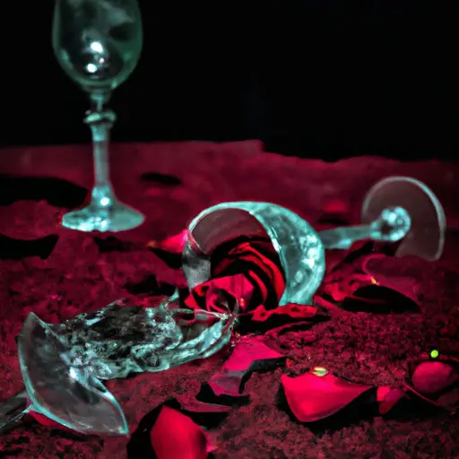 An image depicting a shattered wine glass lying on a blood-red carpet, surrounded by wilted roses strewn across a dimly lit room