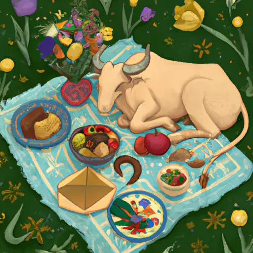 An image depicting a serene garden scene with a Taurus surrounded by their favorite things: a bouquet of flowers, a cozy blanket, and a plate of delicious food, symbolizing the importance of sensory experiences in communicating love to a Taurus