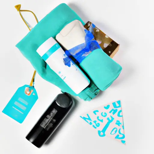 An image showcasing a beautifully wrapped travel-themed gift box with essential items such as travel-sized toiletries, a collapsible water bottle, a compact travel blanket, and a personalized luggage tag