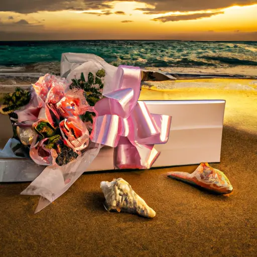 An image showcasing a beautifully wrapped gift box adorned with a delicate seashell bouquet, nestled on a sandy beach with a picturesque sunset backdrop, evoking the creativity and thoughtfulness behind the perfect destination wedding present