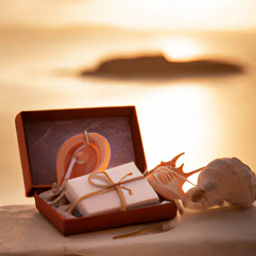 An image of a beautifully wrapped gift box, adorned with a delicate seashell bow, set against a backdrop of a breathtaking beach sunset