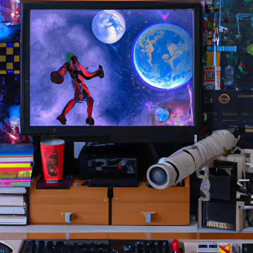 An image showcasing a cluttered desk adorned with sci-fi collectibles, comic books, and a Rubik's cube