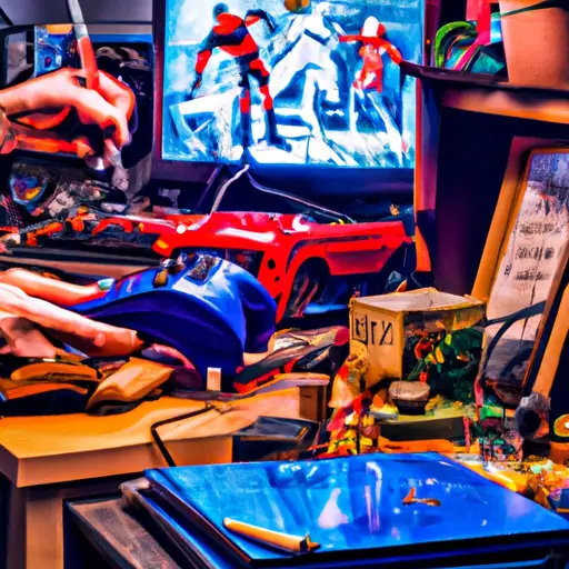An image showcasing a cluttered desk covered in comic books, action figures, a soldering iron, and a collection of retro video game consoles, depicting the epitome of a nerd's love for geeky hobbies and activities