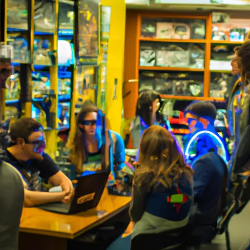 An image capturing the essence of nerd culture: a vibrant group of people gathered in a dimly lit comic book store, engaged in lively discussions about superheroes, video games, and sci-fi movies while adorned in quirky t-shirts and thick-rimmed glasses