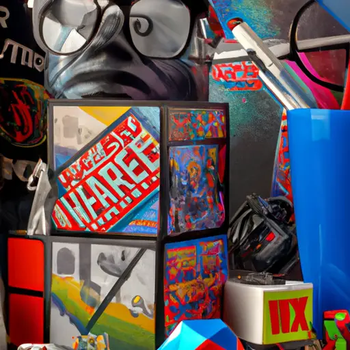 An image showcasing a cluttered desk adorned with stacks of comic books, action figures, a Rubik's cube, a Star Wars poster, and a pair of glasses, symbolizing the eclectic and passionate world of the nerd
