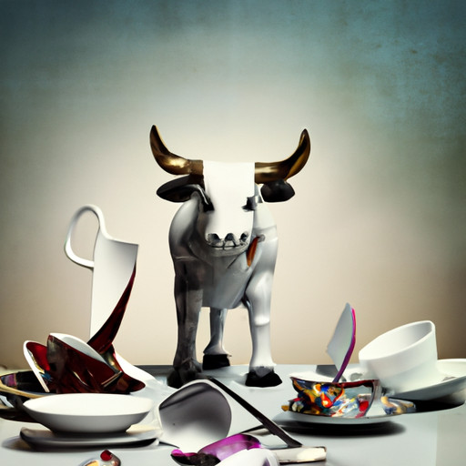 An image featuring a defiant Taurus standing tall amidst a shattered china shop, symbolizing the consequences of thoughtless words
