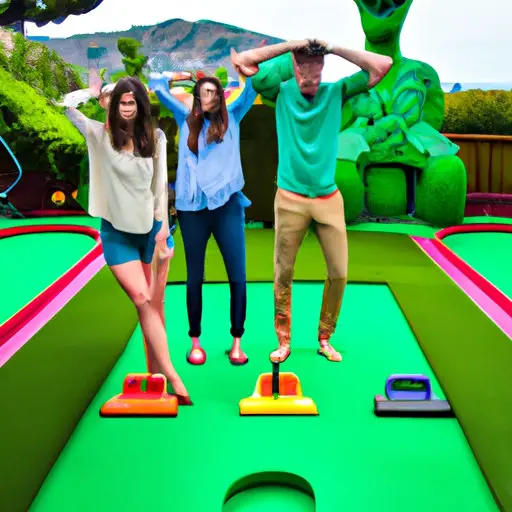 An image showcasing two couples laughing uproariously while playing a lively game of mini-golf