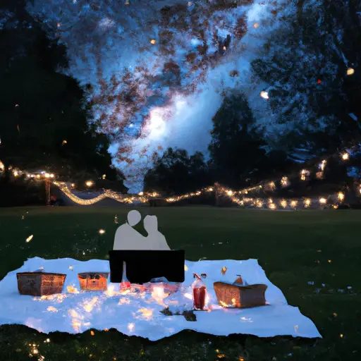 An image of a cozy outdoor picnic set up under a starry sky, with a projector casting a romantic movie onto a white sheet draped between two trees