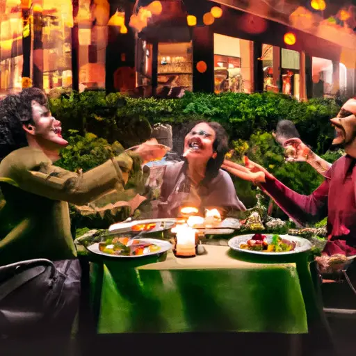 An image showcasing two couples laughing over a candlelit dinner at a cozy outdoor restaurant