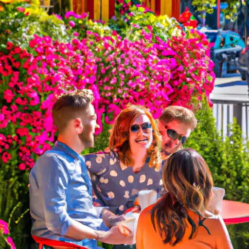 An image featuring two couples seated at a cozy outdoor cafe, sipping on artisan coffees, laughing at each other's jokes, surrounded by colorful flowers and basking in the warm afternoon sunlight