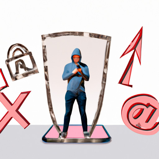 An image of a person shielding themselves with a locked smartphone, surrounded by a fortress-like shield made of encrypted emails, secure passwords, and a virtual private network (VPN) symbolizing essential steps to protect your privacy and security