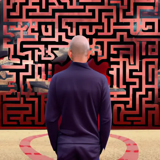 An image depicting a person standing at a complex crossroads, surrounded by puzzle pieces representing manipulation