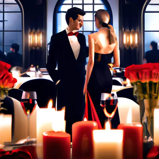 An image featuring a sophisticated couple, elegantly dressed in a tailored navy suit with a black bow tie and a stunning knee-length red dress paired with strappy stiletto heels, standing in front of a romantic candlelit table adorned with white roses and fine dining settings