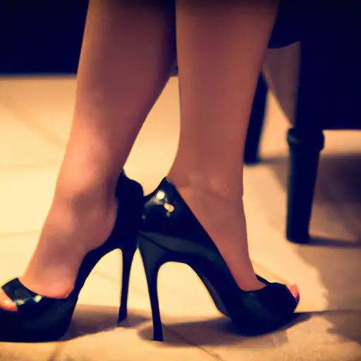 An image showcasing a woman's elegant feet adorned with a pair of sleek, black stiletto heels, complementing her glamorous evening gown