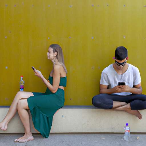 An image capturing the essence of modern dating's communication crisis: a couple sitting side-by-side, engrossed in their phones, oblivious to each other's presence, highlighting the absence of verbal connection in today's relationships