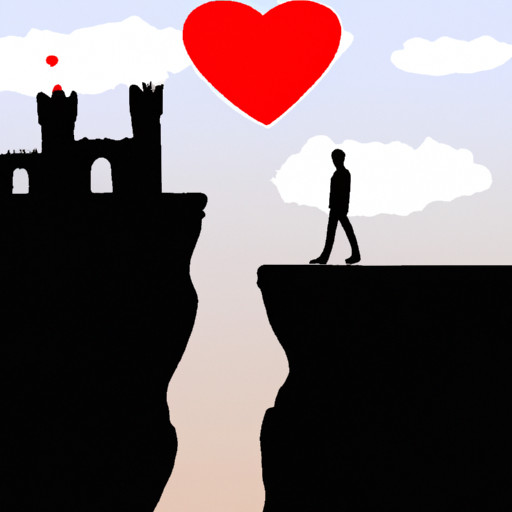 An image featuring a silhouette of a person standing on one side of a chasm, while on the other side, a towering castle with a heart-shaped moat symbolizes the unattainable standards and unrealistic expectations that plague modern dating