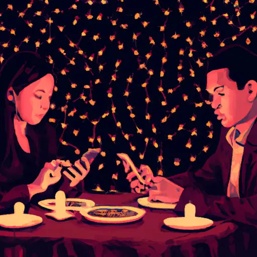An image depicting a couple sitting at a romantic dinner table, their attention completely absorbed by their smartphones, oblivious to each other