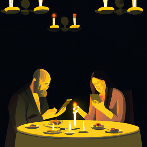 An image depicting a couple sitting at a candlelit table in a fancy restaurant, engrossed in their smartphones while their untouched plates grow cold